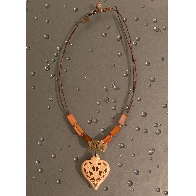David Aubrey Signed Boho Heart Of Natural Stone W/Double Beaded Necklace 16”
